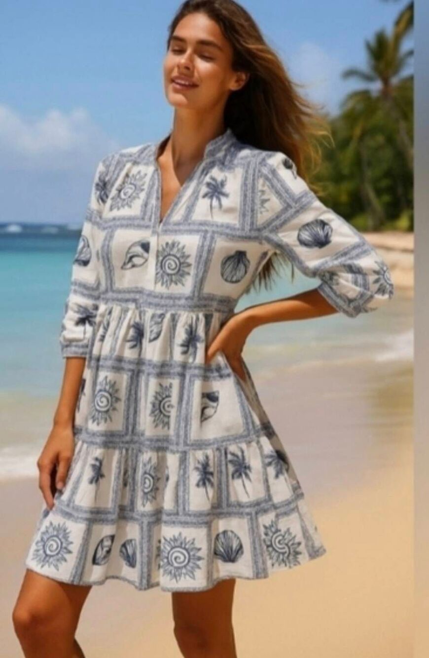 Calypso St Barth White Seashell Palm-Toile Babydoll Mini Dress Medium Coastal